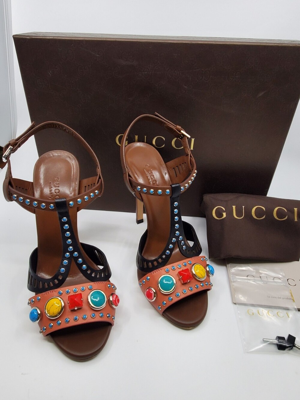 GUCCI LIFFORD CAMEO PINK BROWN HIGH HEEL SANDALS
